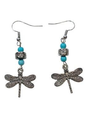 Handmade Silver Dragonfly Dangle Earrings with Turquoise Beads - Women Jewelry